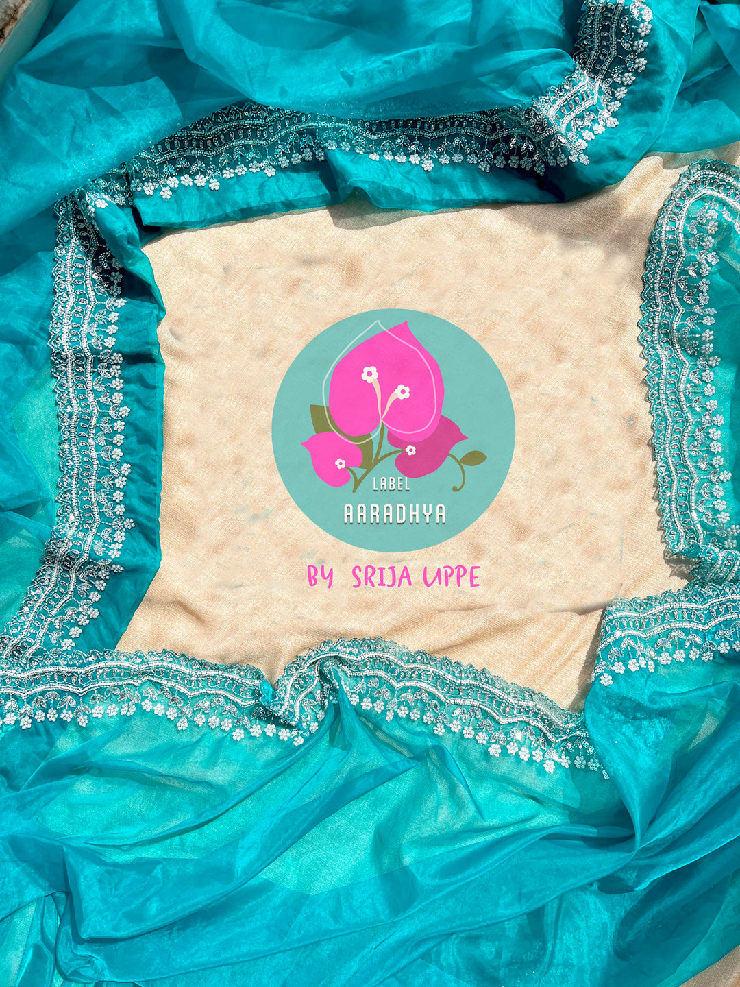 Soft organza silk hand embroidered saree in Peacock green