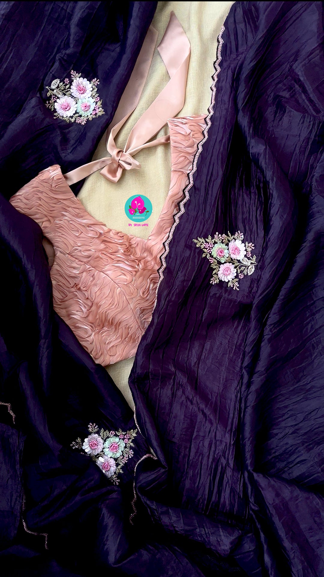 Soft crush organza silk saree with sequins work and ribbon blouse