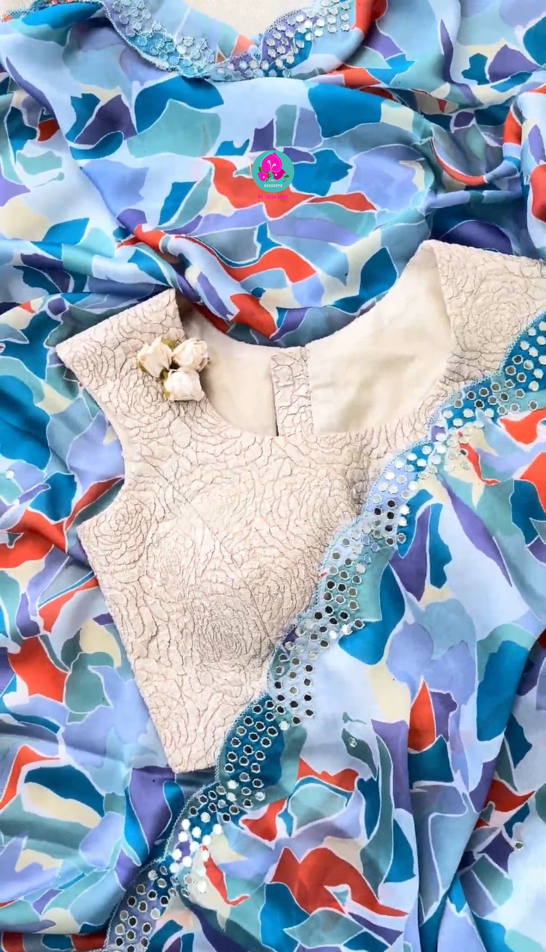 Soft Crape Satin Saree with Foil Mirror Hand embroidery paired with Fashion Blouse