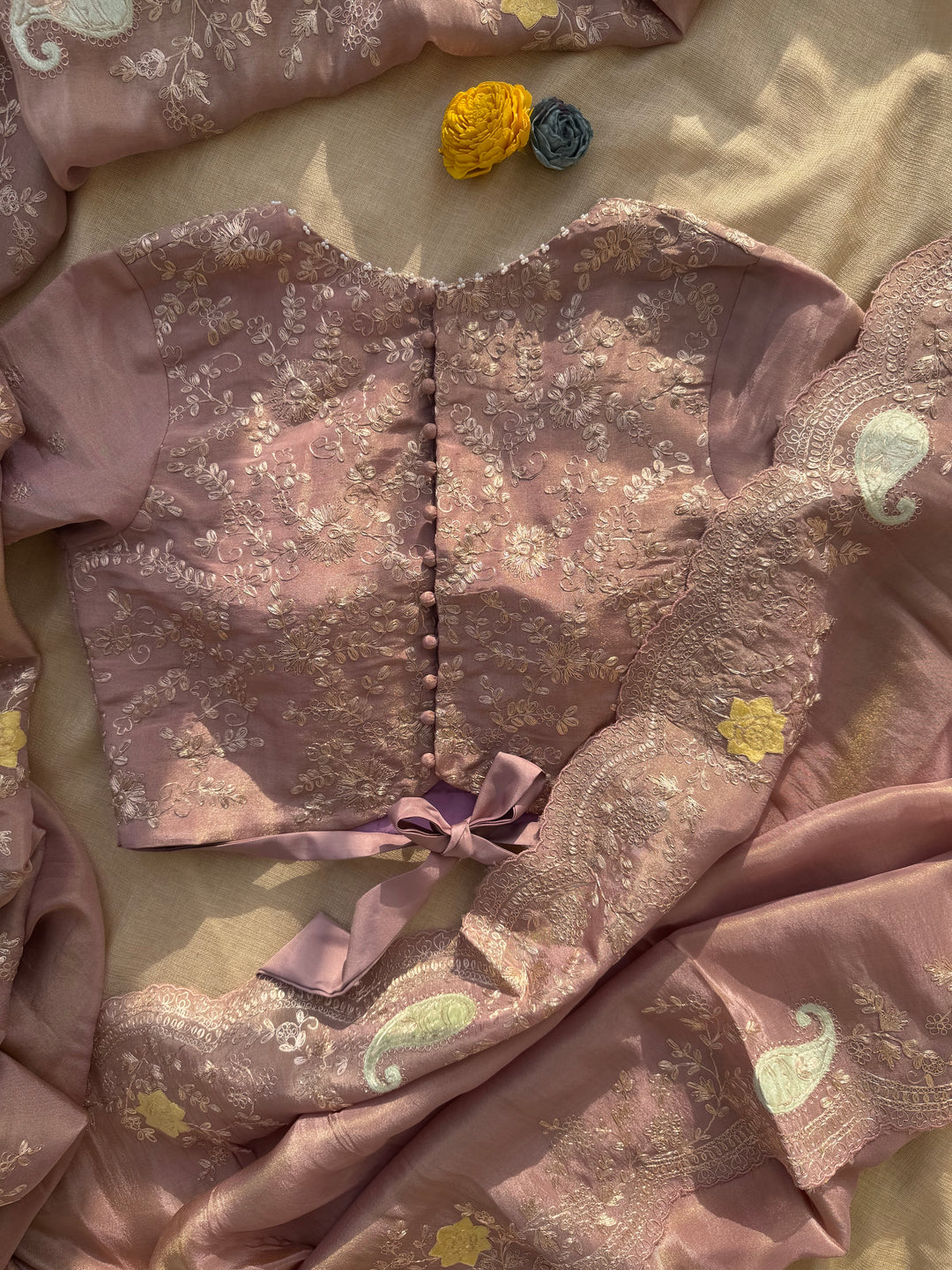 Mauve Brown Organza Saree with Velvet Appliqué & Pita Handwork (Paired with Yellow Fusion Blouse)