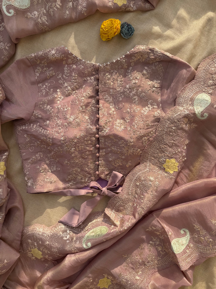 Mauve Brown Organza Saree with Velvet Appliqué & Pita Handwork (Paired with Yellow Fusion Blouse)