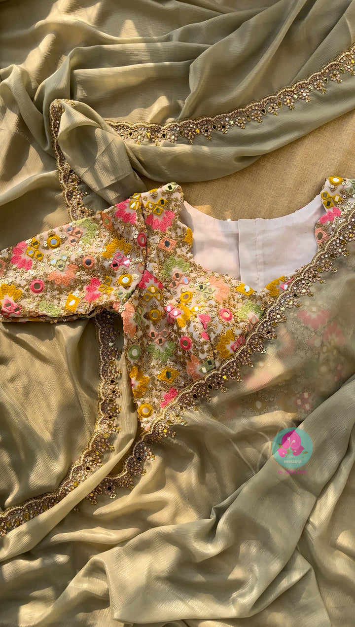chiffon georgette hand embroidered saree with mirror work blouse