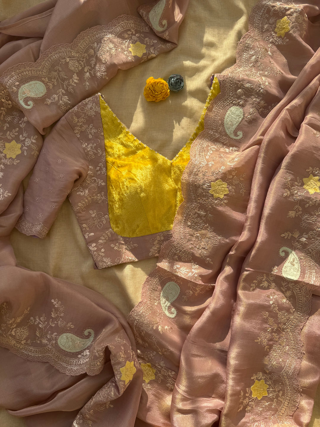 Mauve Brown Organza Saree with Velvet Appliqué & Pita Handwork (Paired with Yellow Fusion Blouse)