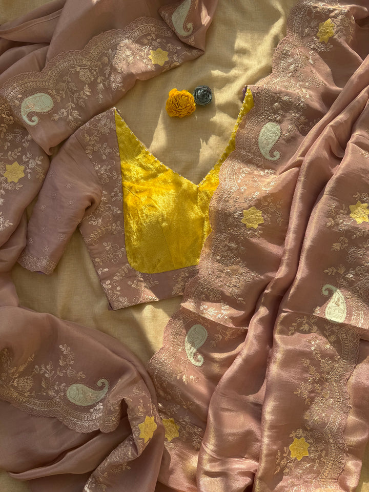 Mauve Brown Organza Saree with Velvet Appliqué & Pita Handwork (Paired with Yellow Fusion Blouse)