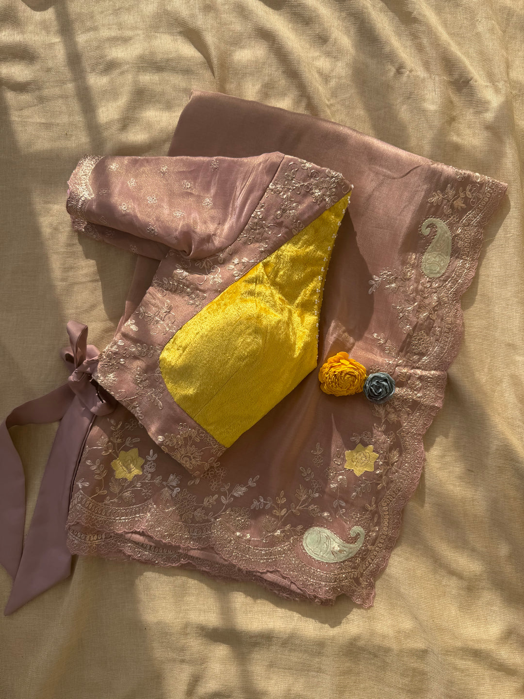 Mauve Brown Organza Saree with Velvet Appliqué & Pita Handwork (Paired with Yellow Fusion Blouse)