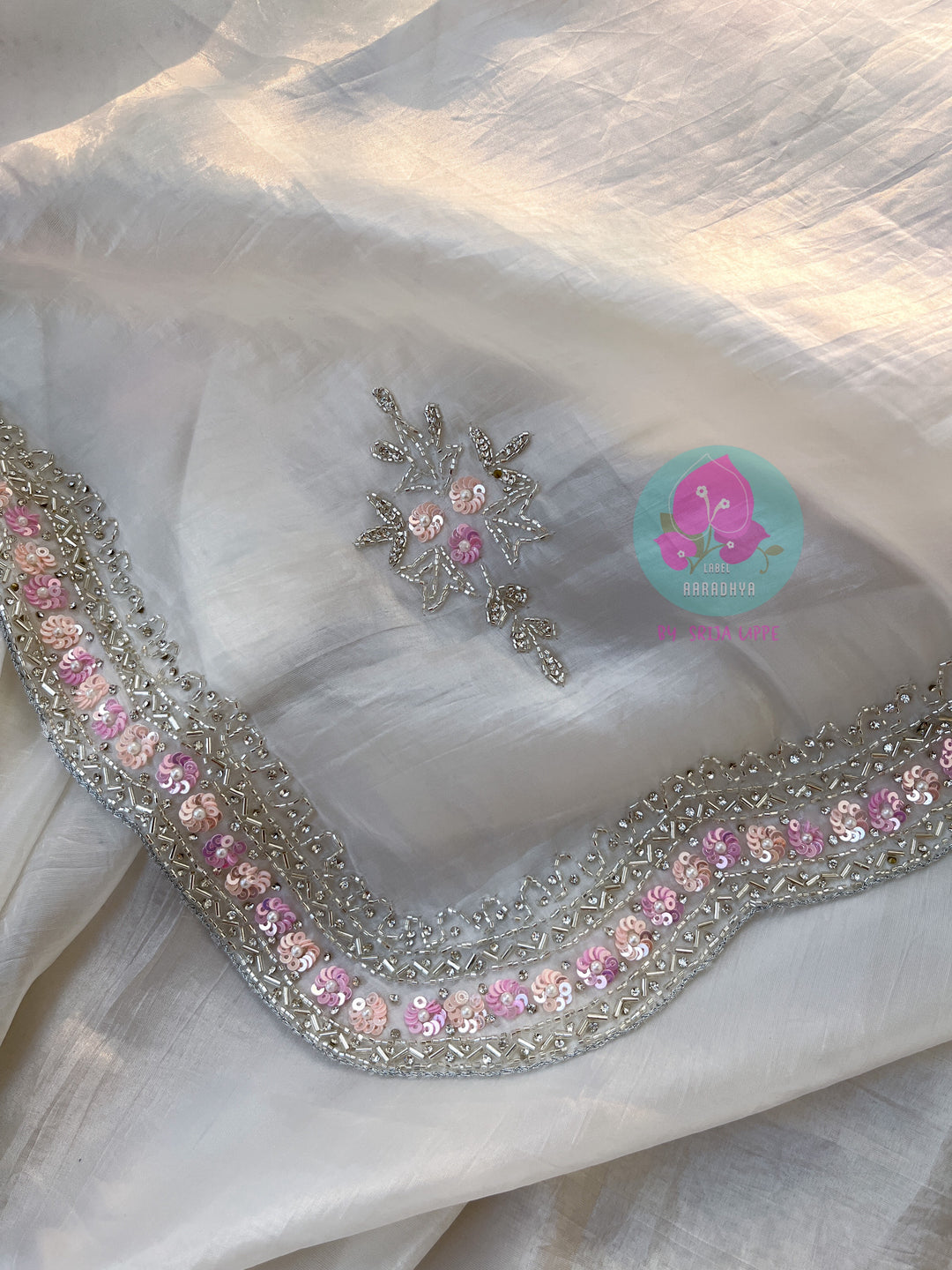 Crushed satin silk saree with sequins embroidery