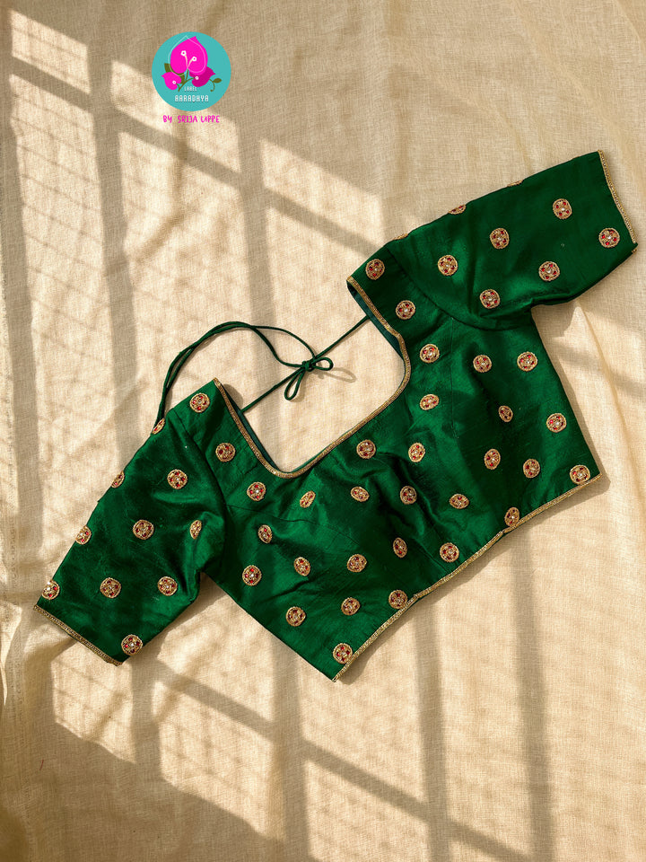 Bottle green Hand Embroidered Pure Raw Silk blouse