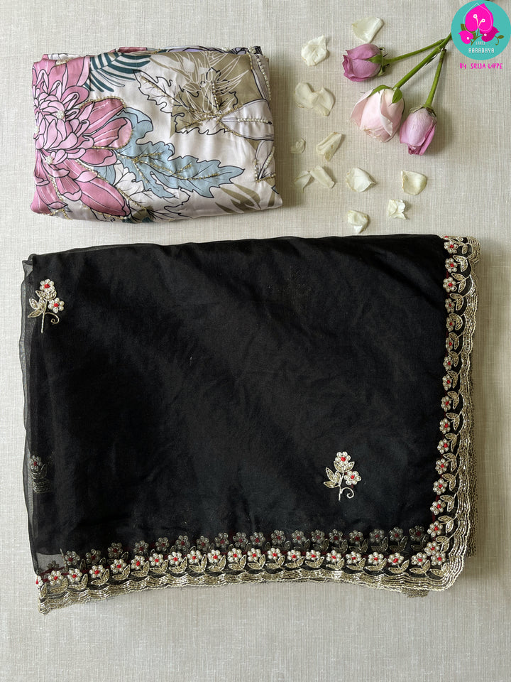 Soft organza silk hand embroidered saree with beautiful pearl, silver cutdana, bead and zardosi hand work