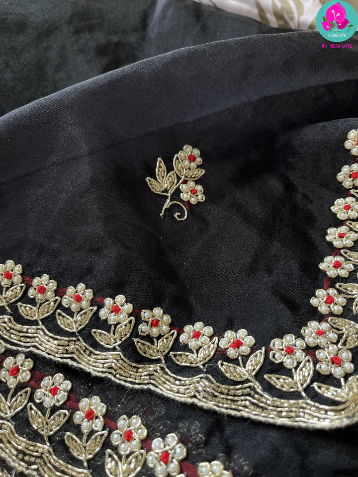 Soft organza silk hand embroidered saree with beautiful pearl, silver cutdana, bead and zardosi hand work