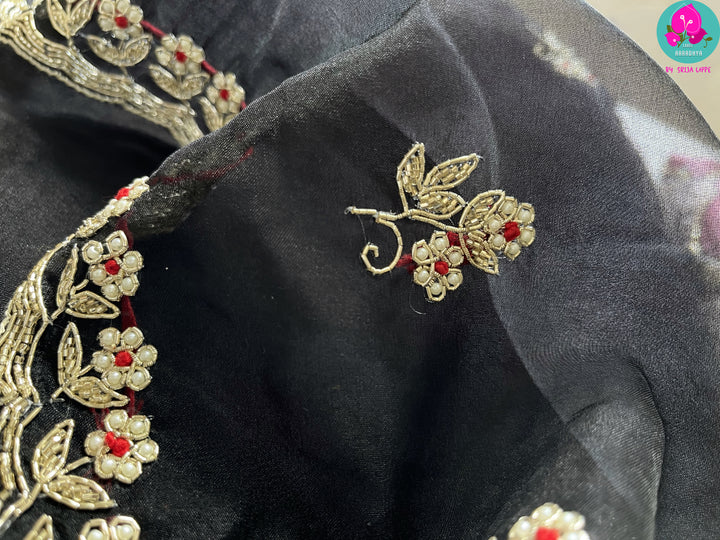 Soft organza silk hand embroidered saree with beautiful pearl, silver cutdana, bead and zardosi hand work