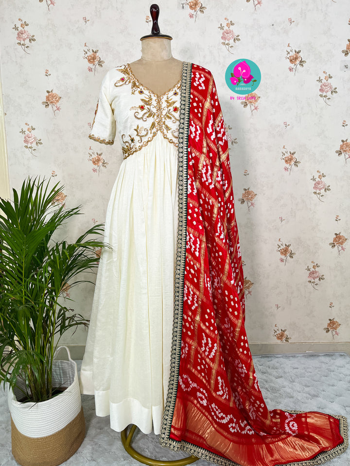 Gaji silk handmade Bandhej dupatta paired with hand embroidered Anarkali frock