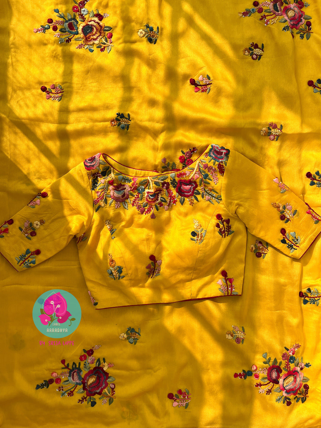 Hand embroidered Russian silk saree with blouse