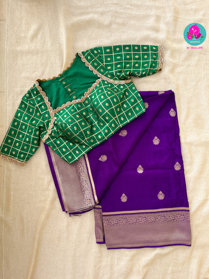 Russian Silk deep purple Saree with green Banarasi Checkered blouse