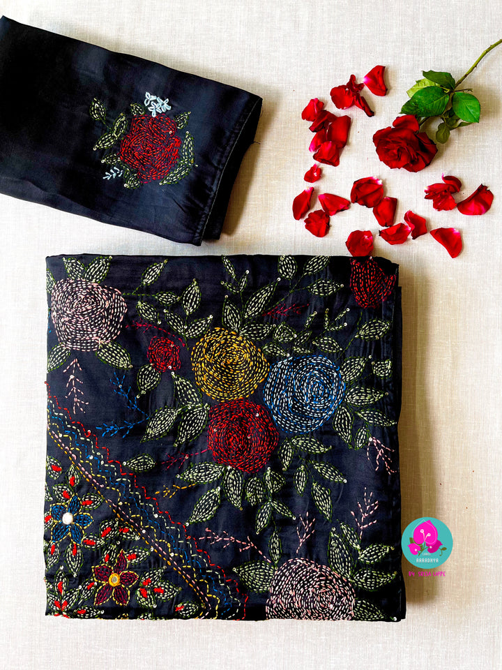 Black semi tussar silk hand embroidered kantha work saree