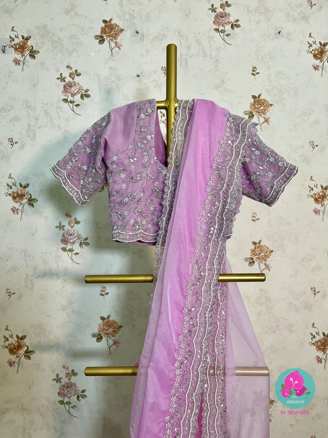 Lavender color Hand Embroidered Soft Organza Saree with blouse