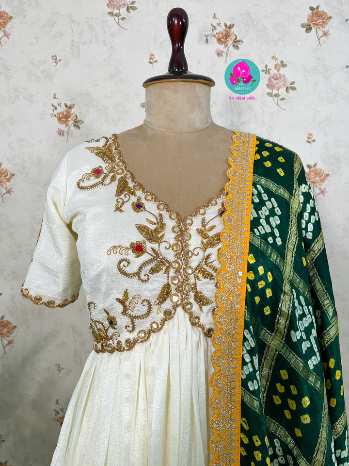 Gaji silk handmade Bandhej dupatta paired with hand embroidered Anarkali frock