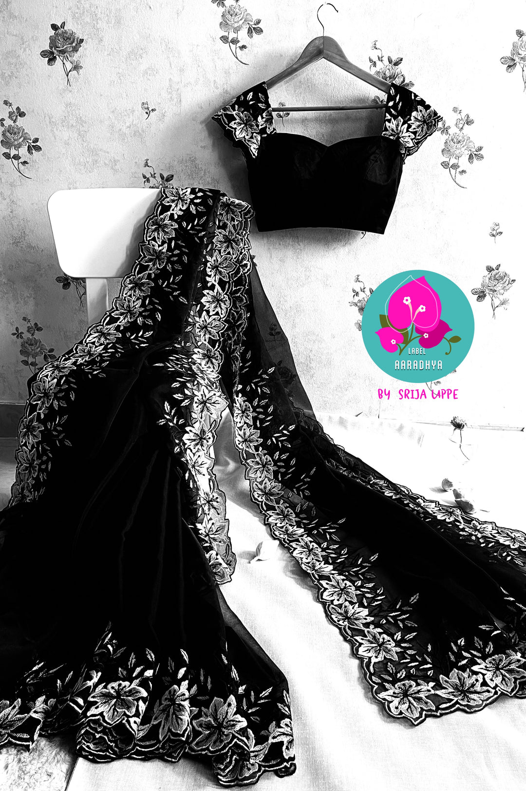 Black soft organza saree with embroidery