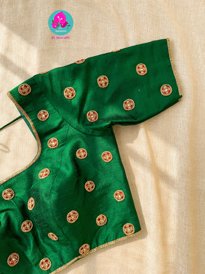 Bottle green Hand Embroidered Pure Raw Silk blouse
