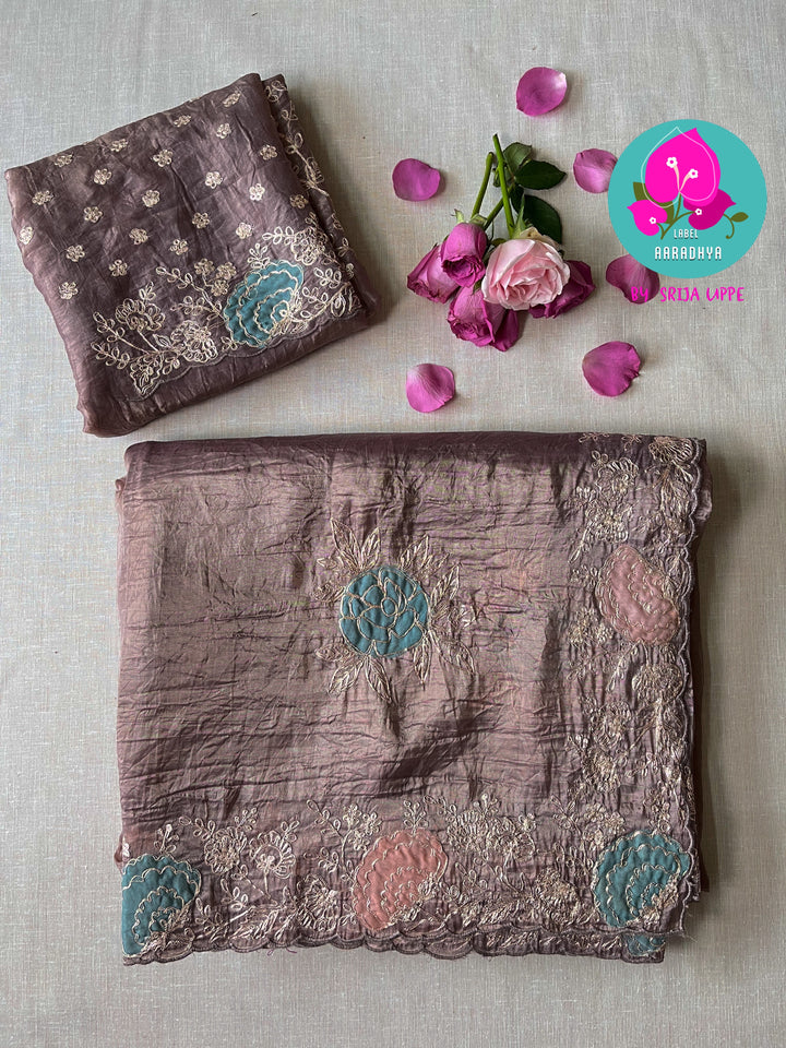 Soft crushed Organza with handmade pitta work saree