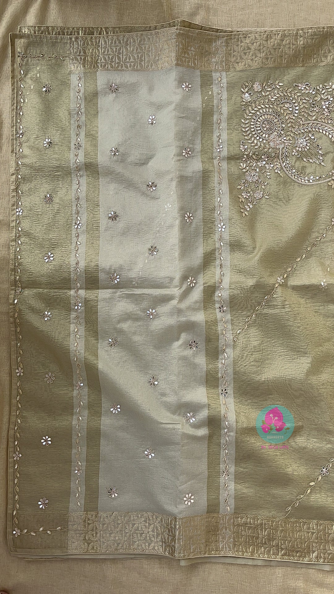 Antique Gold Tissue silk Hand Embroidered Saree