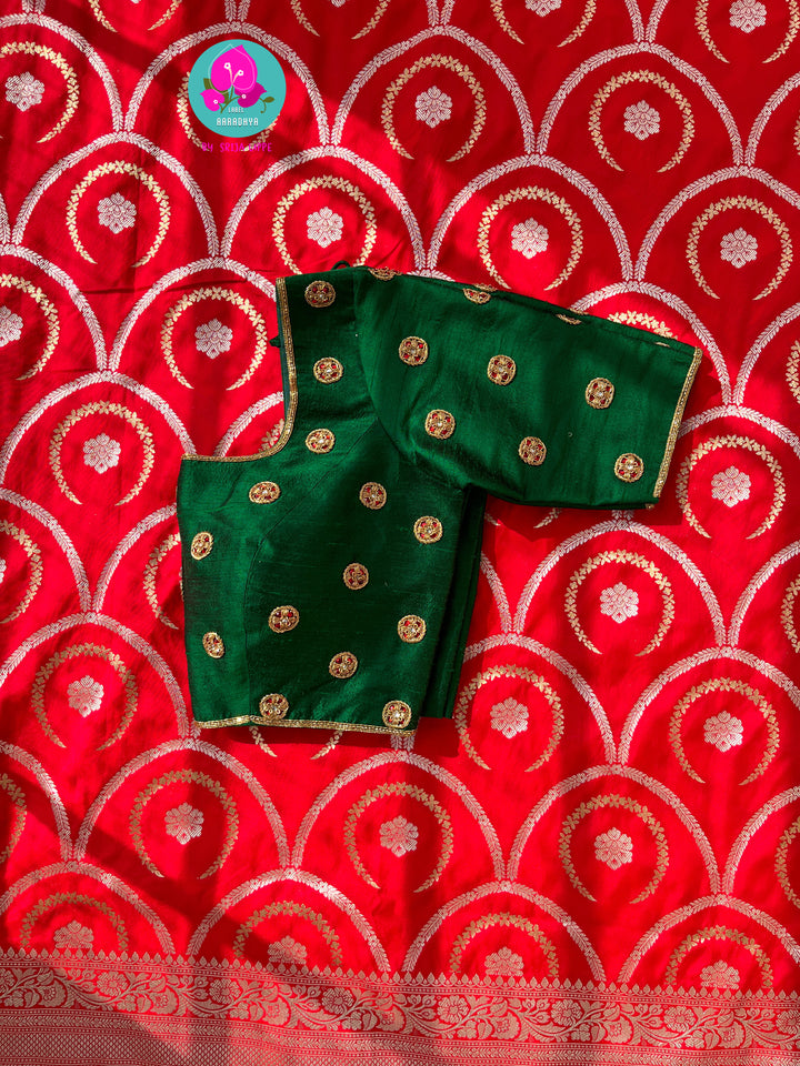Red Semi Katan Banarasi silk Saree with hand embroidered pure silk blouse