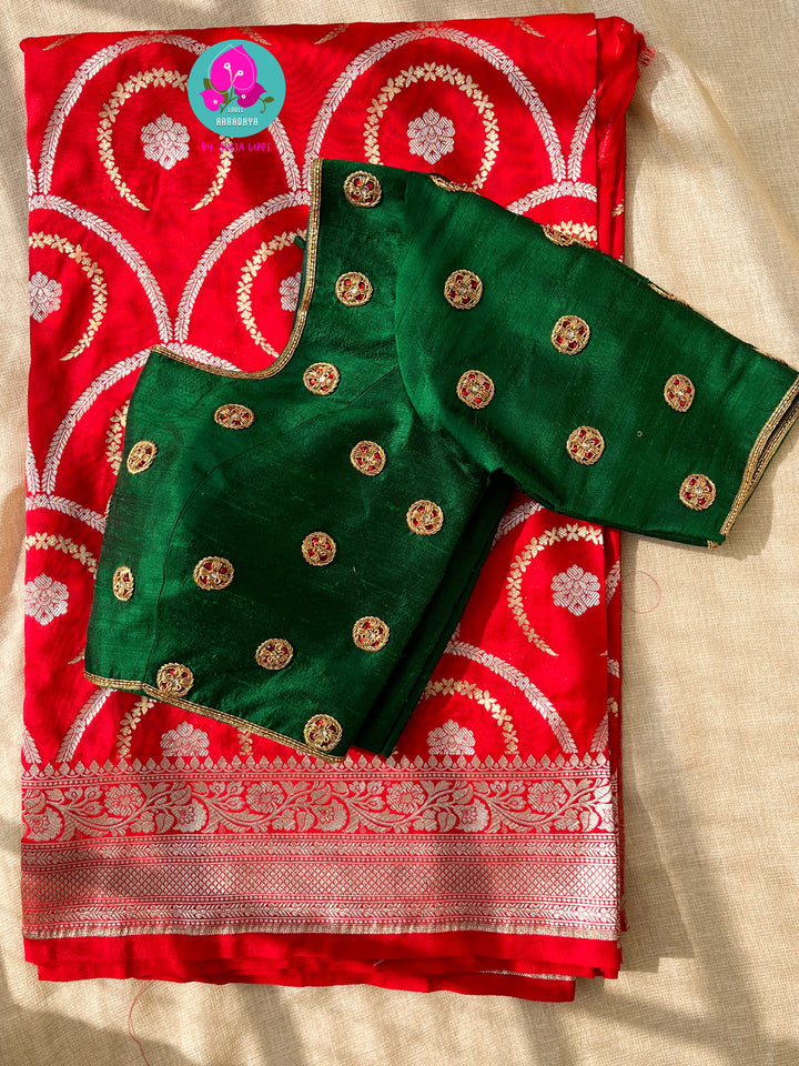Red Semi Katan Banarasi silk Saree with hand embroidered pure silk blouse
