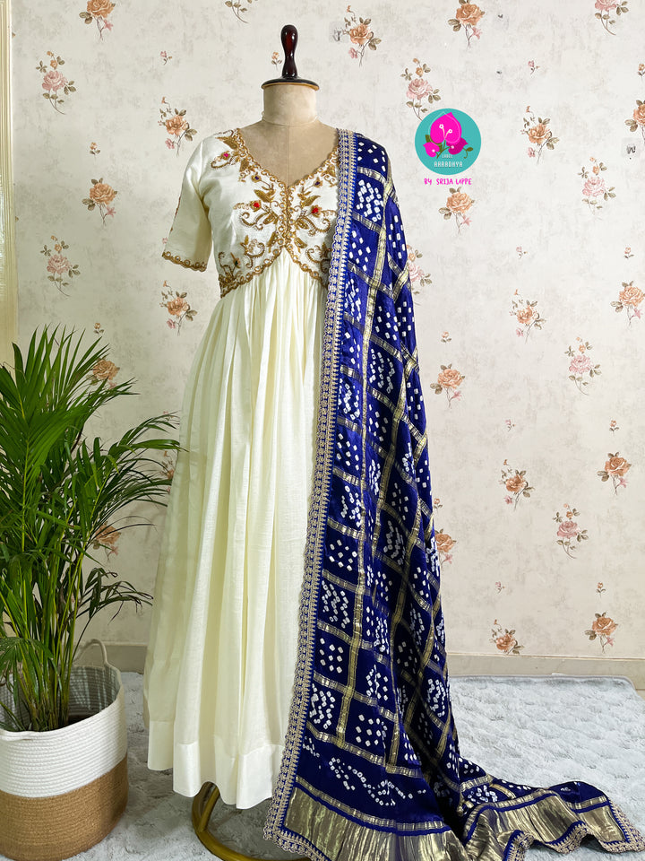 Gaji silk handmade Bandhej dupatta paired with hand embroidered Anarkali frock