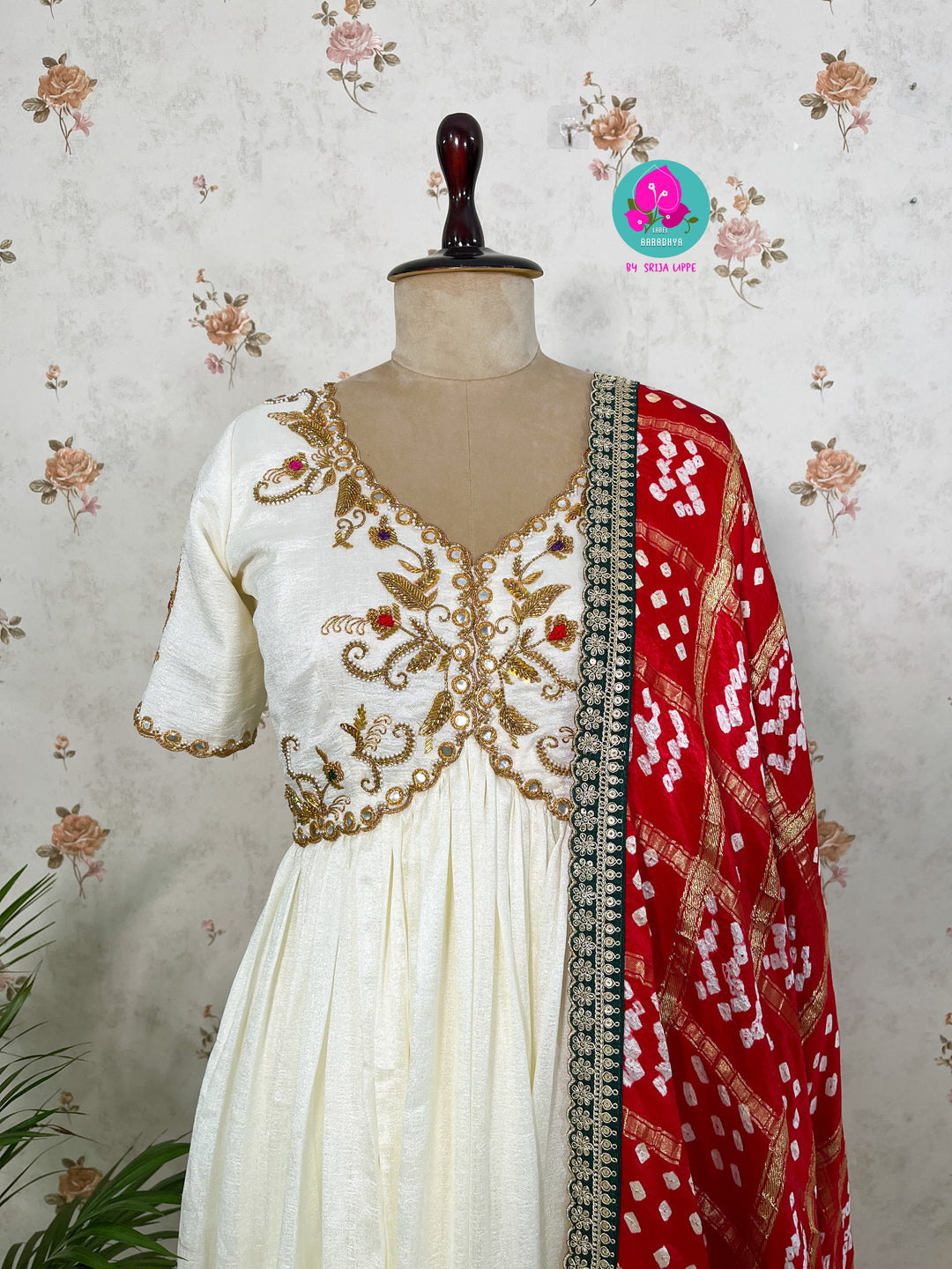 Gaji silk handmade Bandhej dupatta paired with hand embroidered Anarkali frock