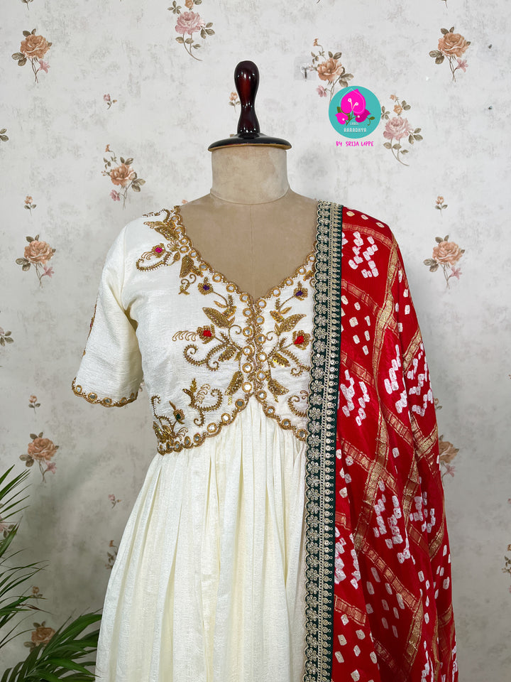 Gaji silk handmade Bandhej dupatta paired with hand embroidered Anarkali frock
