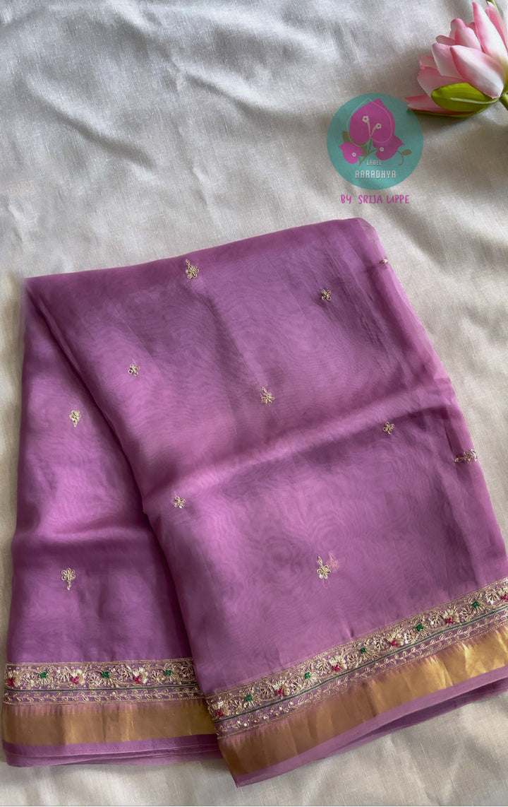 December flower colour Pure kora organza saree with hand embroidery