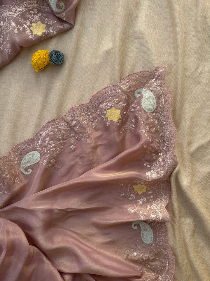 Mauve Brown Organza Saree with Velvet Appliqué & Pita Handwork (Paired with Yellow Fusion Blouse)