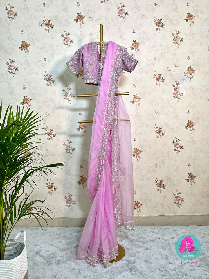 Lavender color Hand Embroidered Soft Organza Saree with blouse