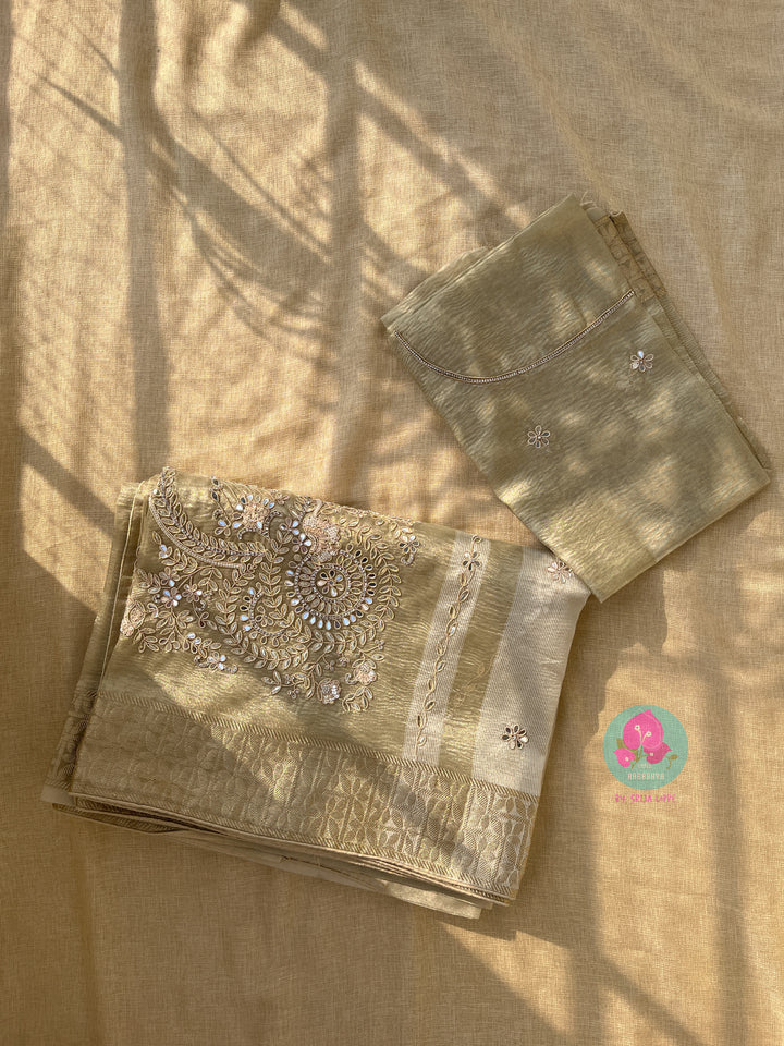 Antique Gold Tissue silk Hand Embroidered Saree