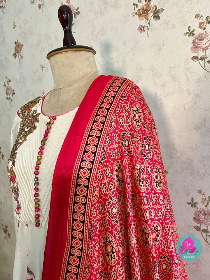Paneled floral Chanderi silk anarkali with Ajrakh print dupatta