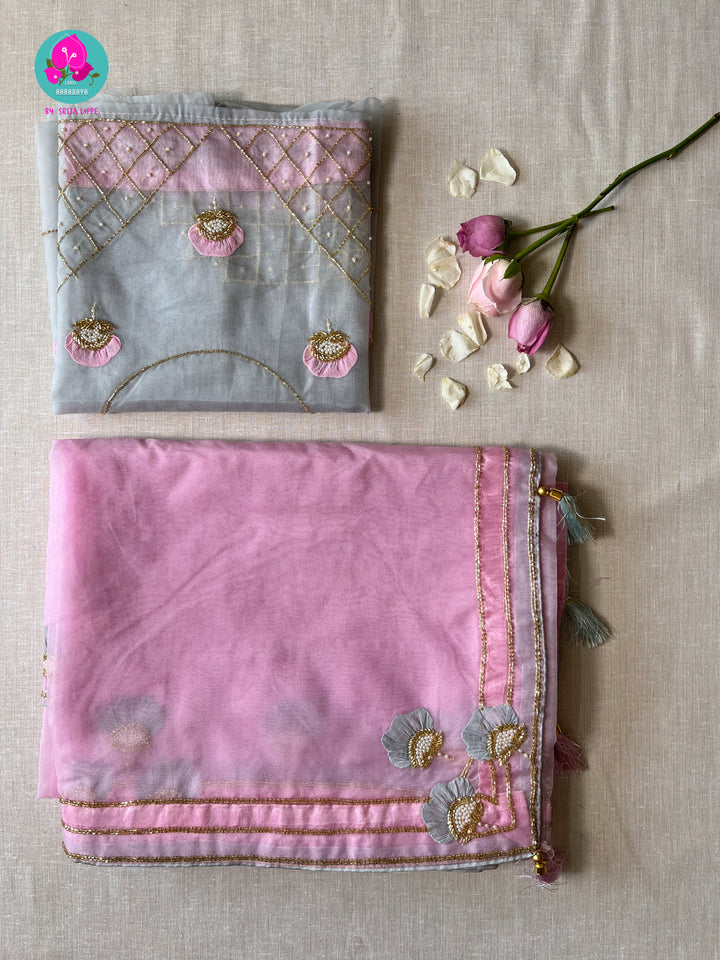 Soft Organza handmade applique work saree