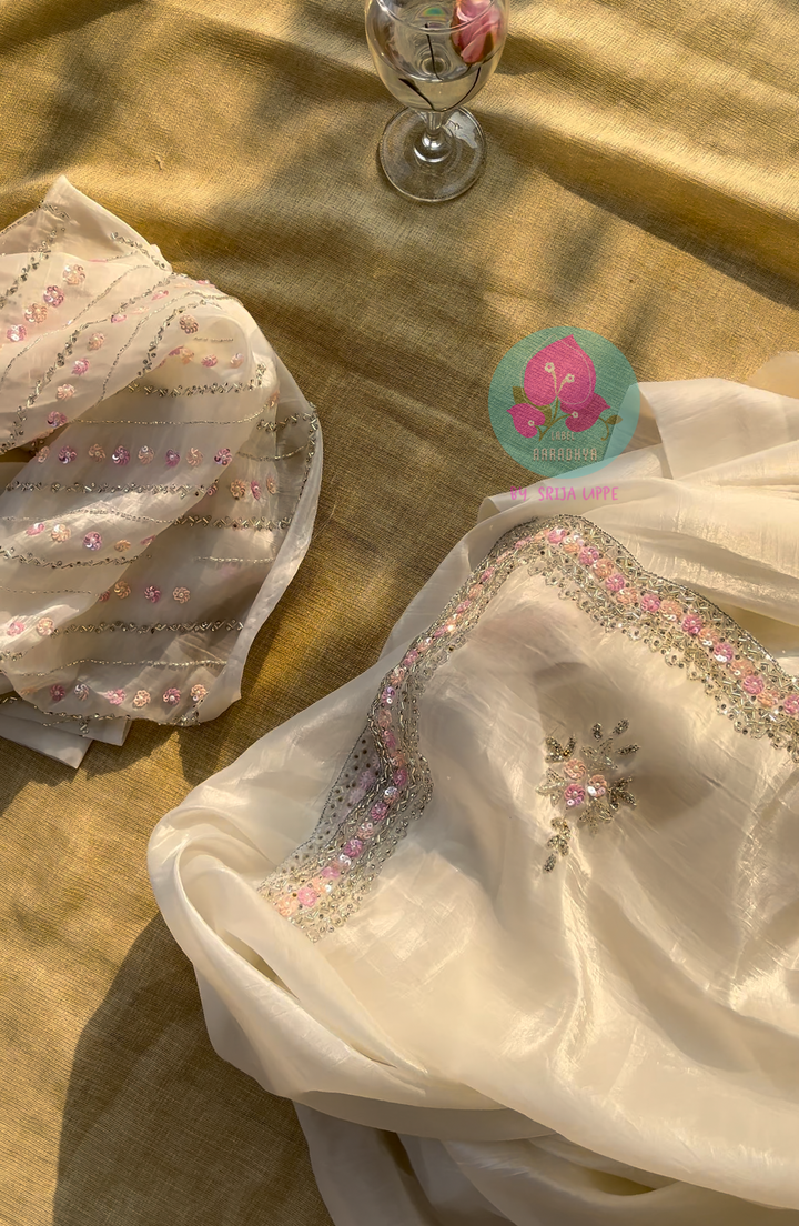 Crushed satin silk saree with sequins embroidery