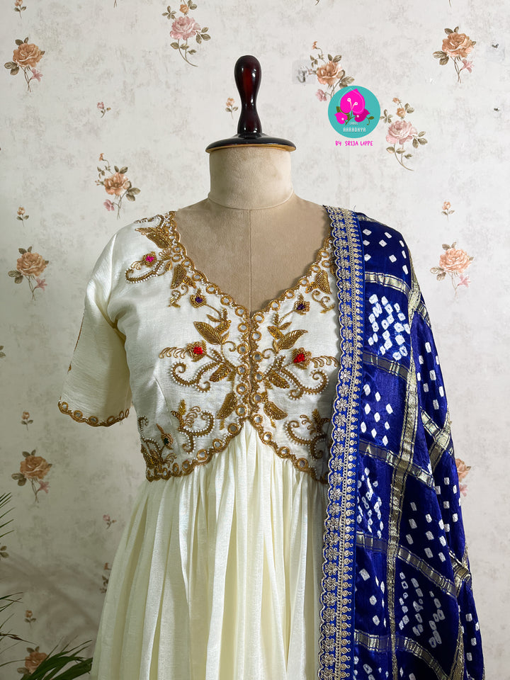 Gaji silk handmade Bandhej dupatta paired with hand embroidered Anarkali frock