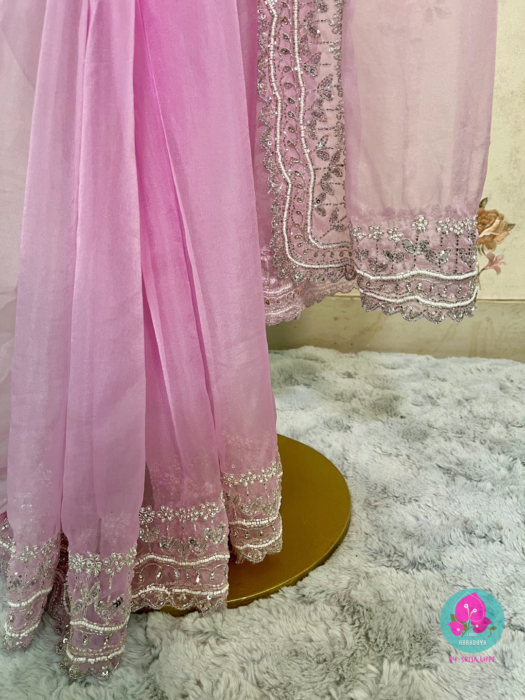 Lavender color Hand Embroidered Soft Organza Saree with blouse