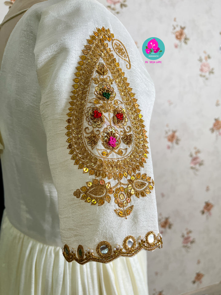Gaji silk handmade Bandhej dupatta paired with hand embroidered Anarkali frock