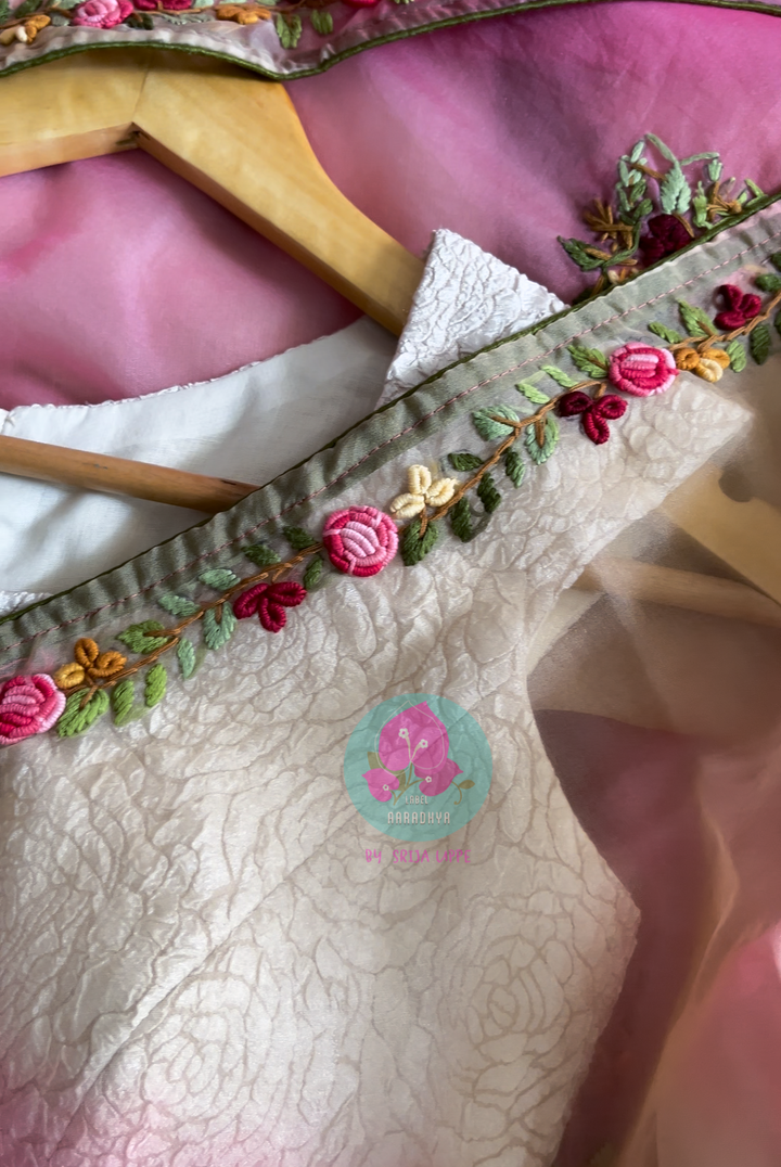 Soft organza saree with handmade bullion knot rose embroidery