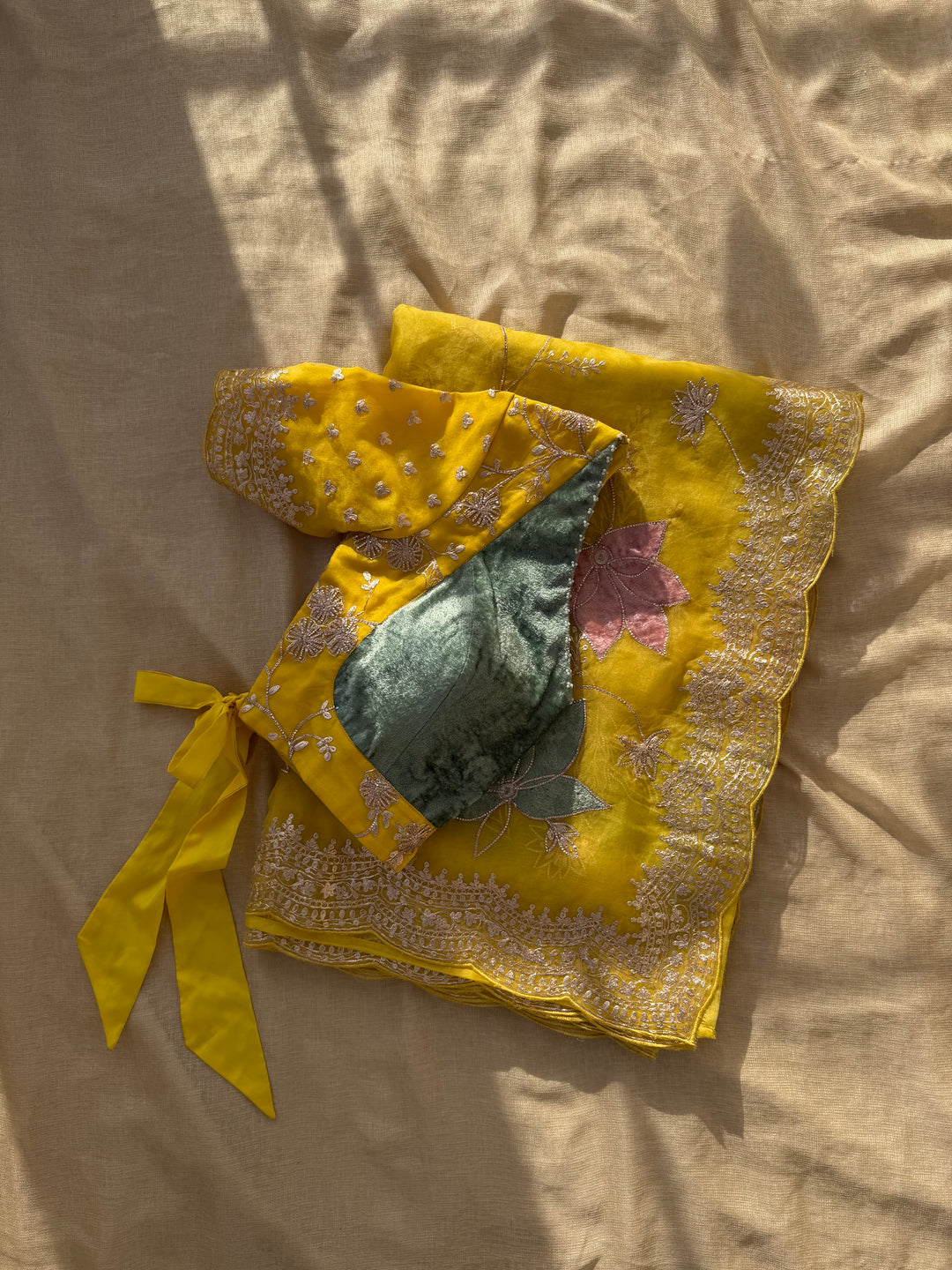 Sunshine Yellow Organza Saree with Velvet Appliqué and Pita Hand Work
