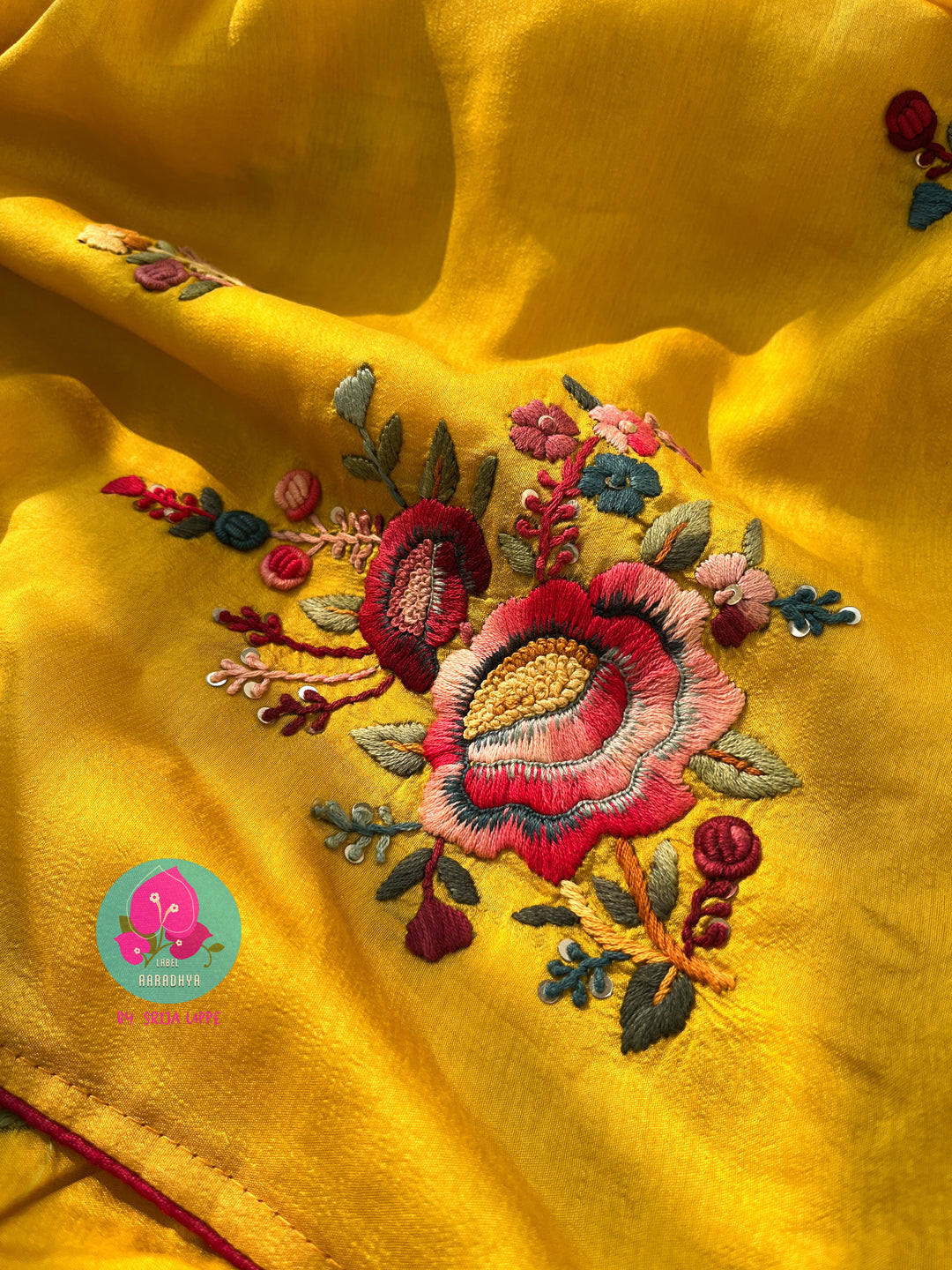 Hand embroidered Russian silk saree