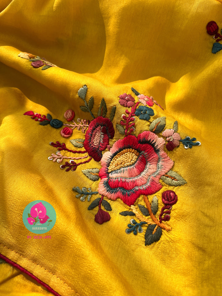 Hand embroidered Russian silk saree