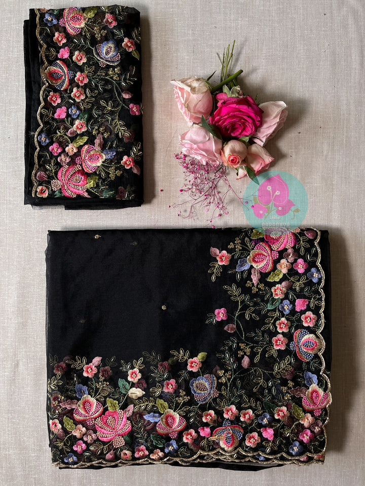 Soft organza saree with threadwork embroidery