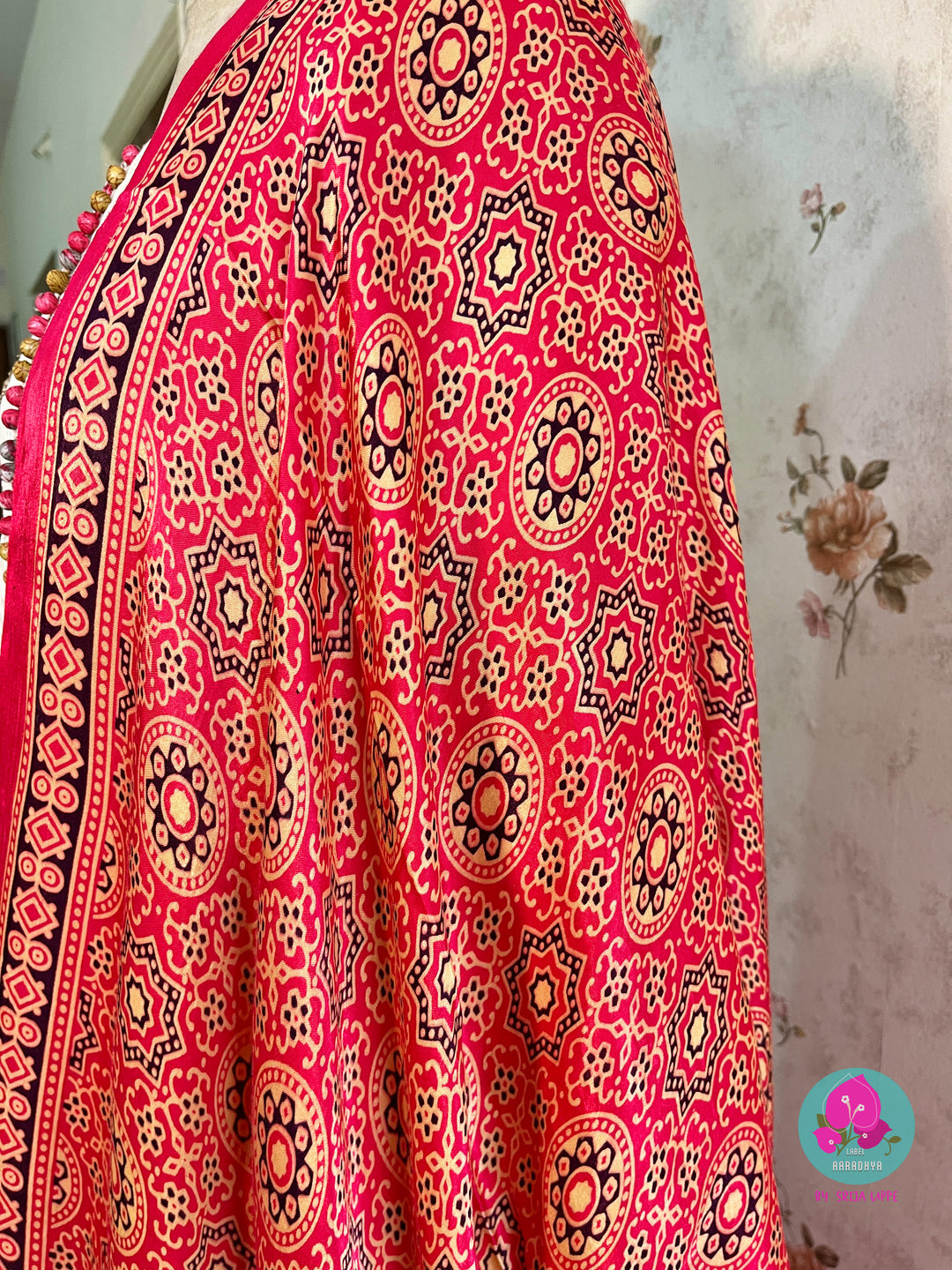 Paneled floral Chanderi silk anarkali with Ajrakh print dupatta