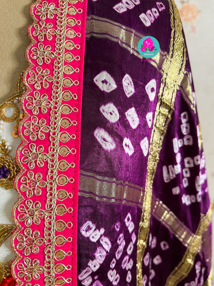 Gaji silk handmade Bandhej dupatta paired with hand embroidered Anarkali frock