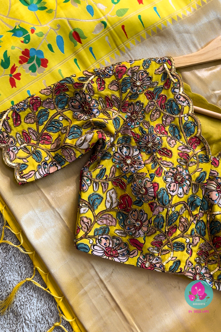 Falling rawsilk blouse with kalamkari print