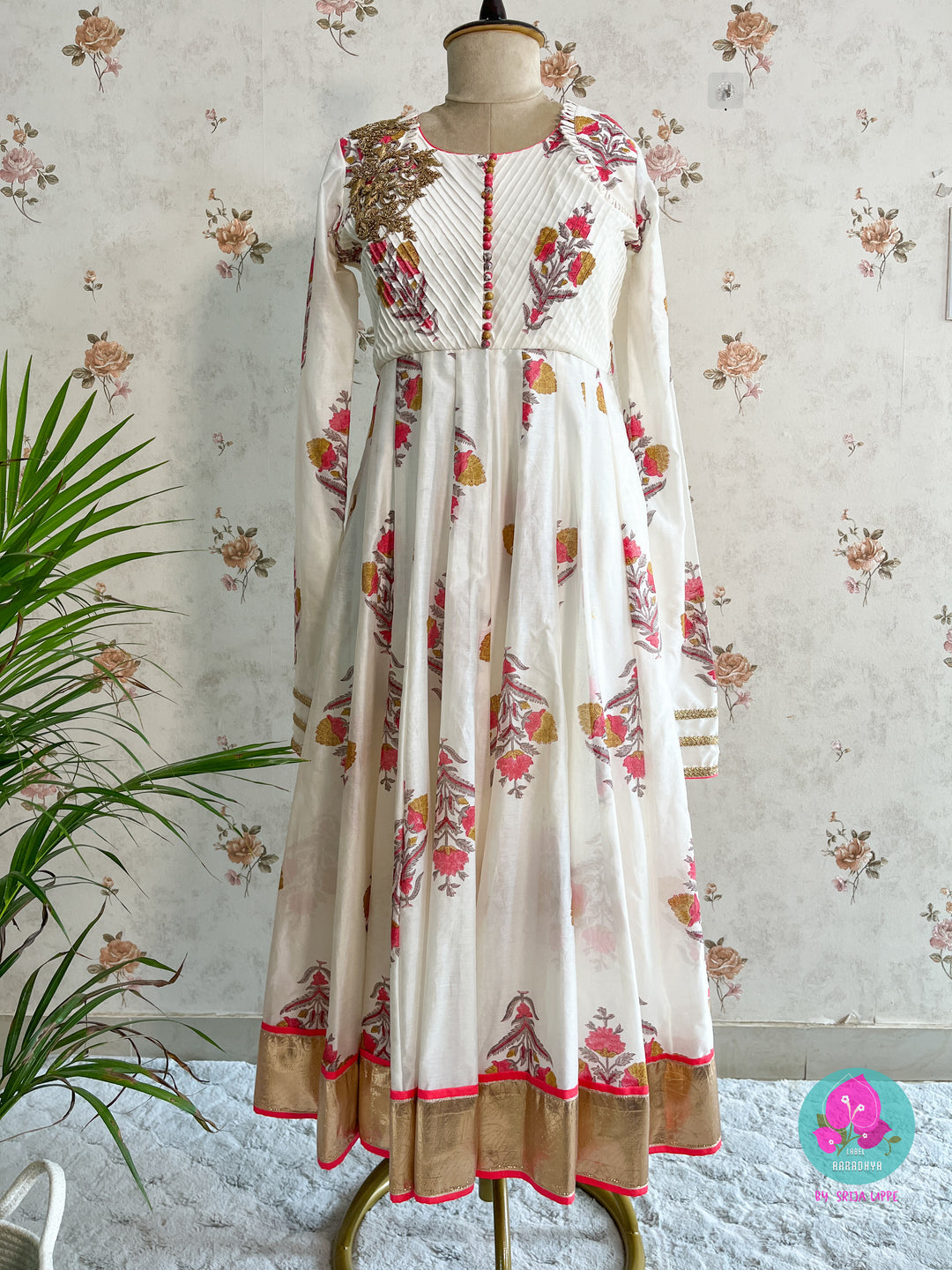 Paneled floral Chanderi silk anarkali with Ajrakh print dupatta