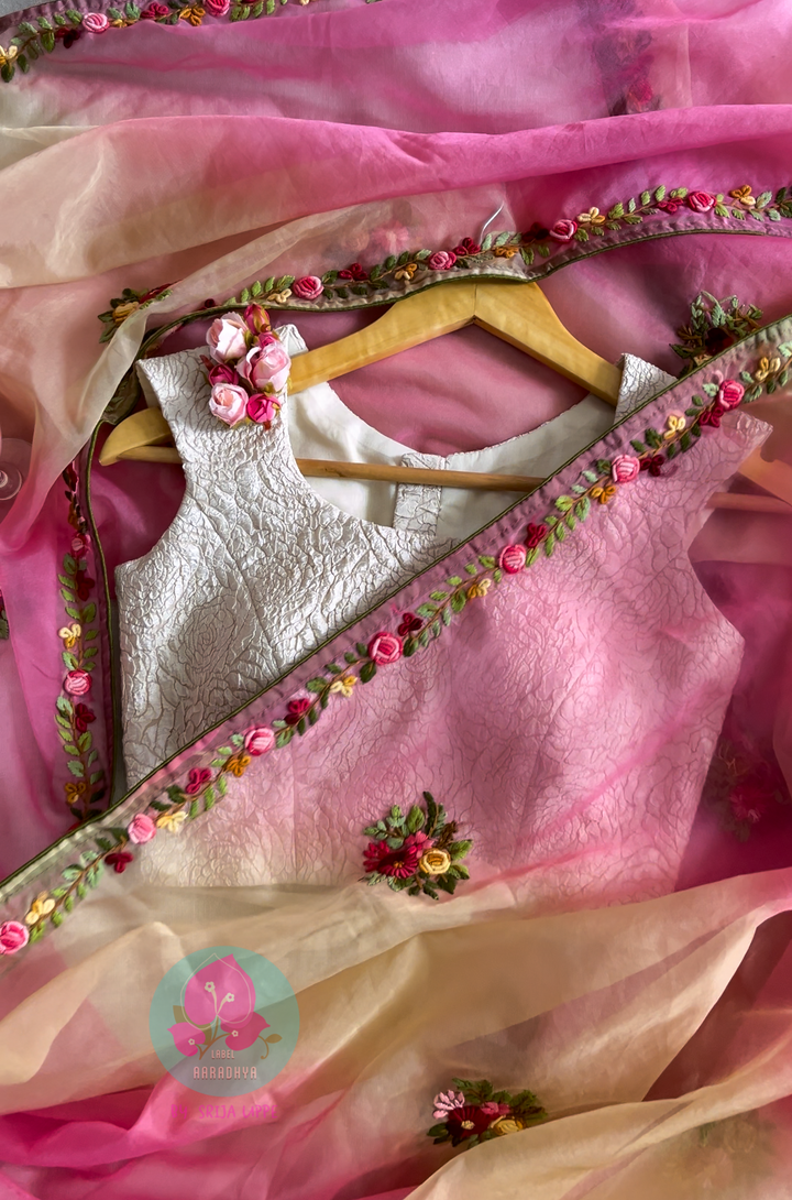 Soft organza saree with handmade bullion knot rose embroidery