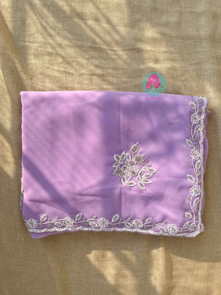 Hand embroidered georgette lavender saree